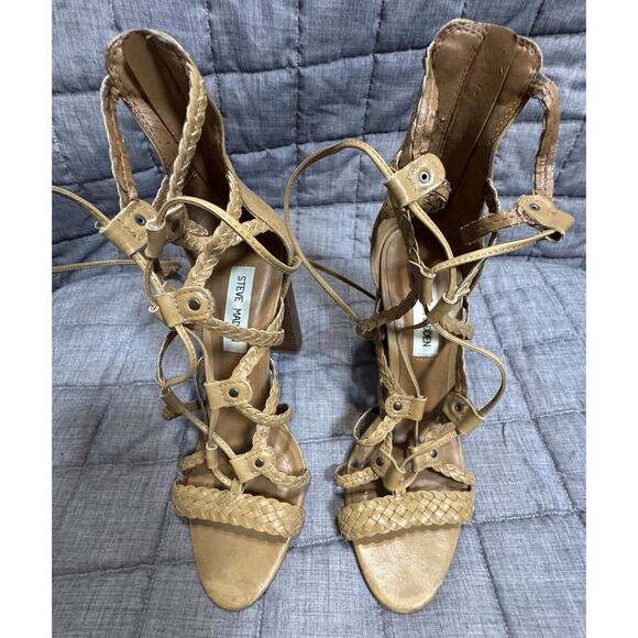 Steve Madden Tarra, Tan Block Heel, Leather Upper, Lace Up Heels, Size 7 - Picture 2 of 10